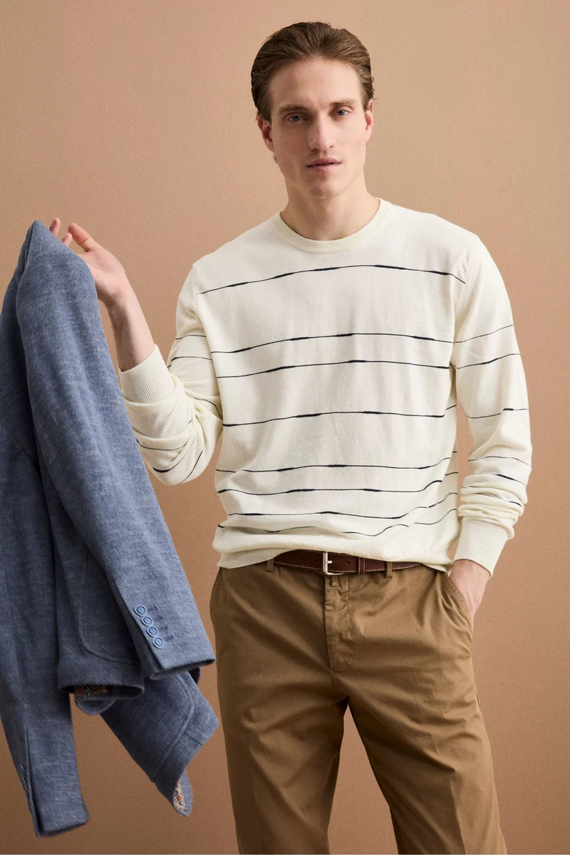 Maglia Girocollo a Righe Regular Fit in Cotone - BIANCO/BLU