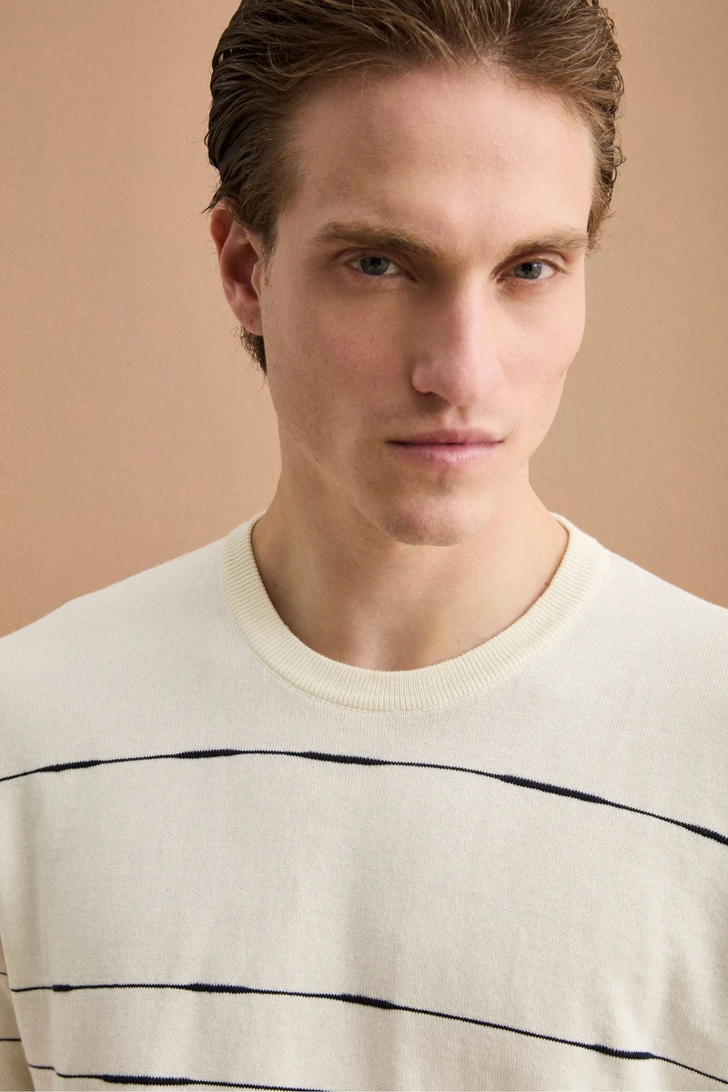 Maglia Girocollo a Righe Regular Fit in Cotone - BIANCO/BLU