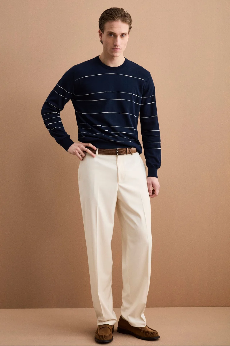Maglia Girocollo a Righe Regular Fit in Cotone - BLU/BIANCO