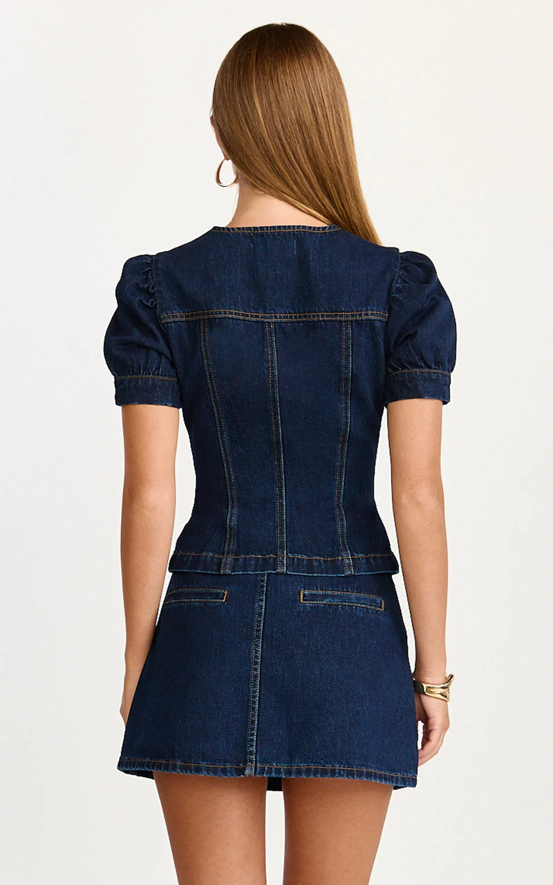 Sophie Top - Puff Sleeve Button Down Denim Top in Indigo