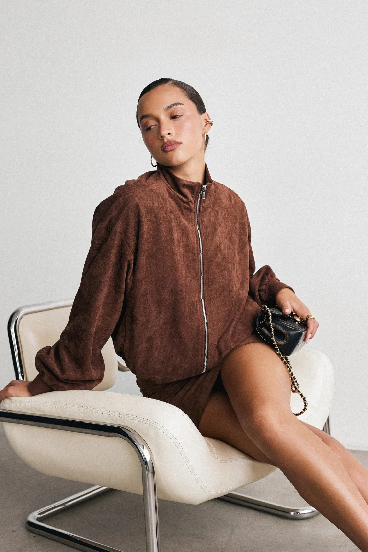 Mia Bomber Jacket - Suede Bomber Jacket in Chestnut