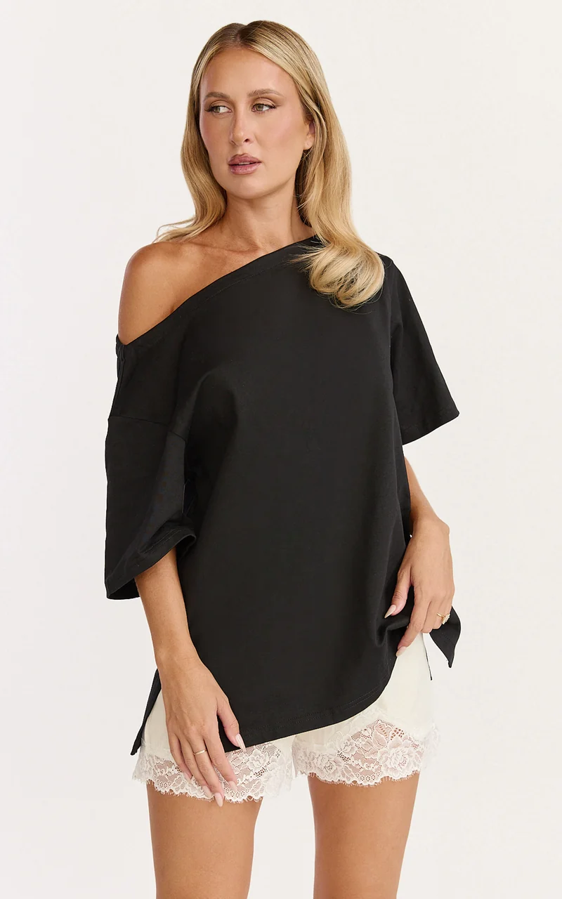 Ruby Top - Off Shoulder Asymmetrical T-shirt in Black