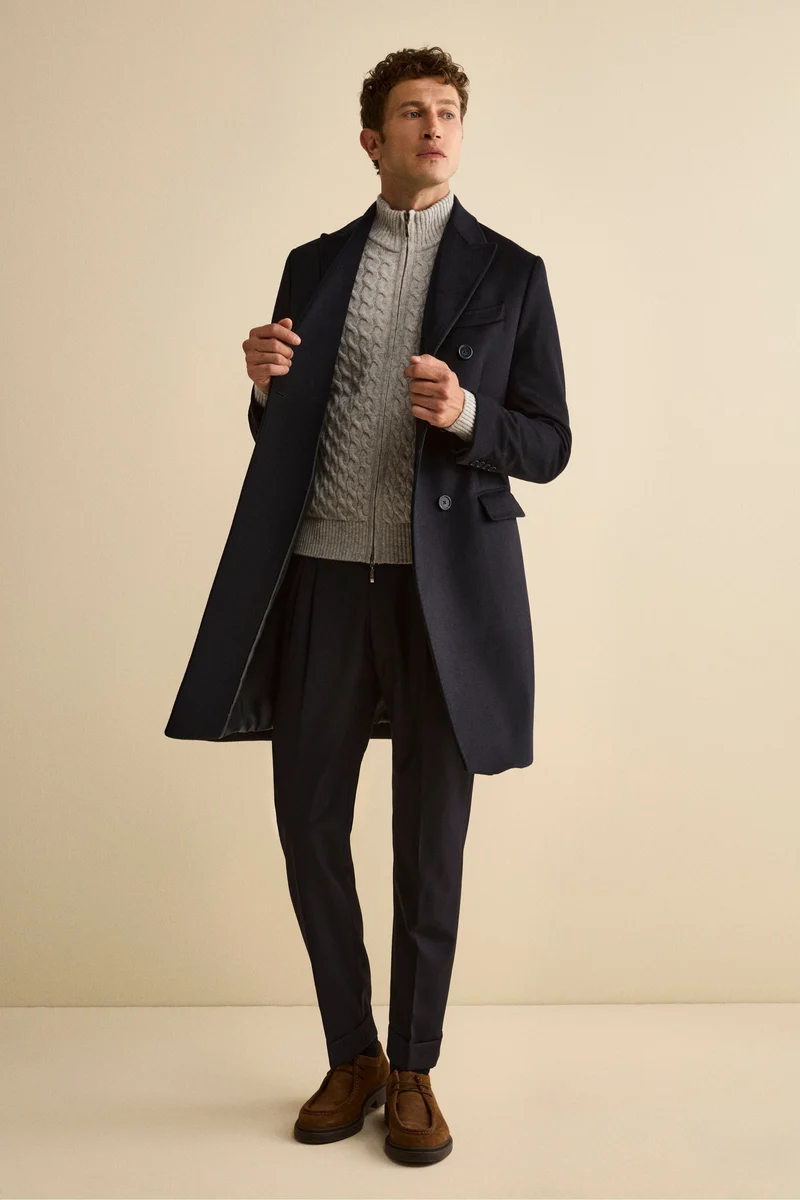 Cappotto Midi Doppiopetto in Misto Lana e Cashmere con Martingala - BLU