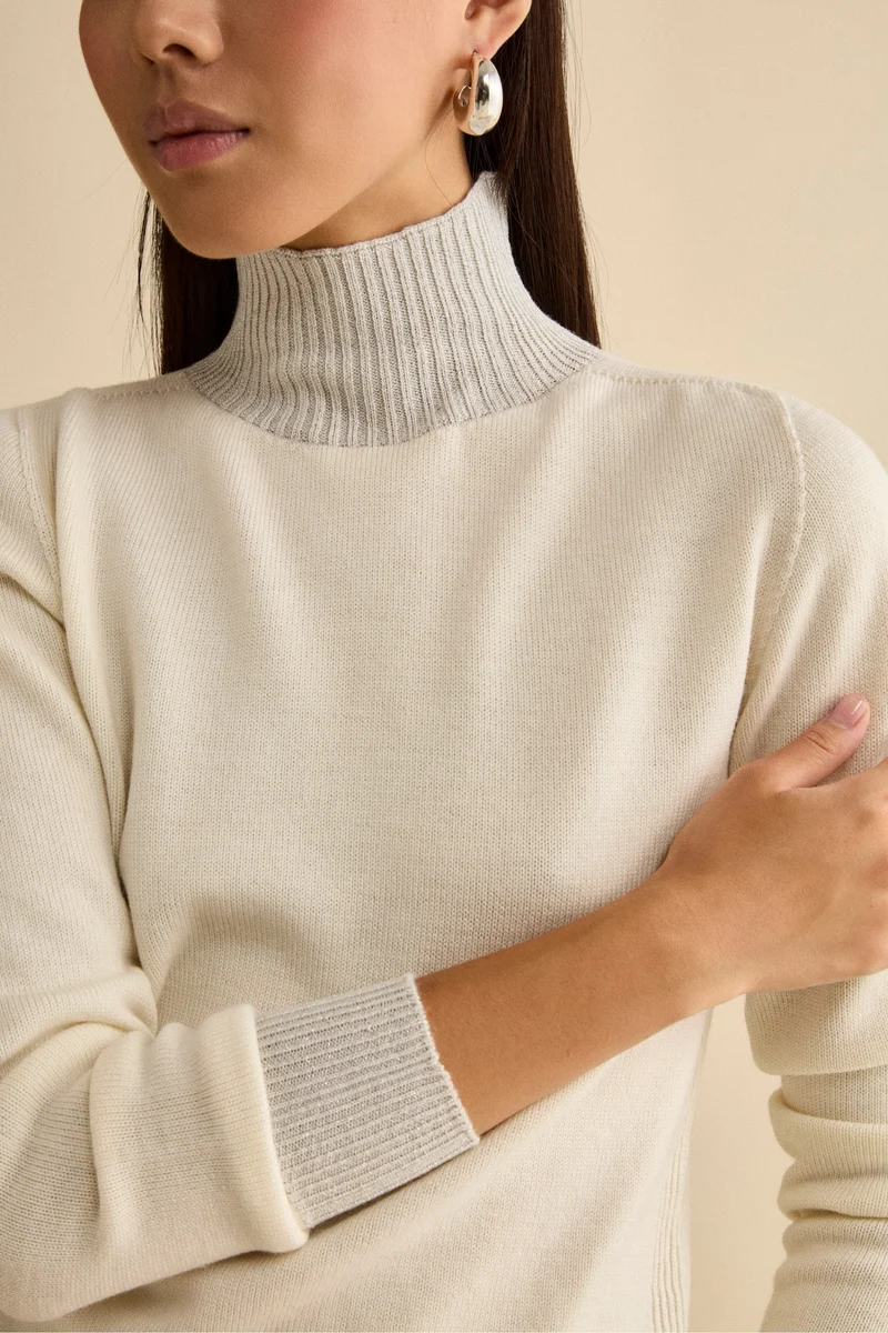 Lupetto in Lana Merino con Bordi in Lurex - ECRU