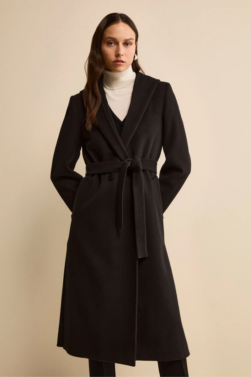 Cappotto Lungo con Cintura e Cappuccio - NERO