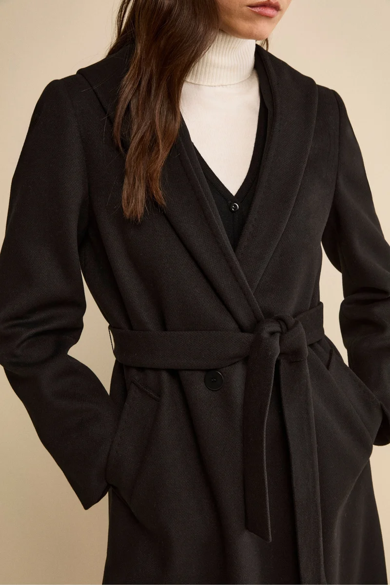 Cappotto Lungo con Cintura e Cappuccio - NERO