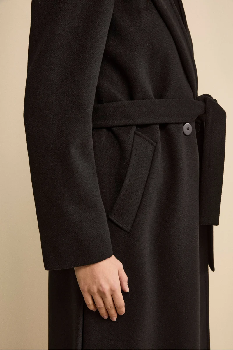 Cappotto Lungo con Cintura e Cappuccio - NERO
