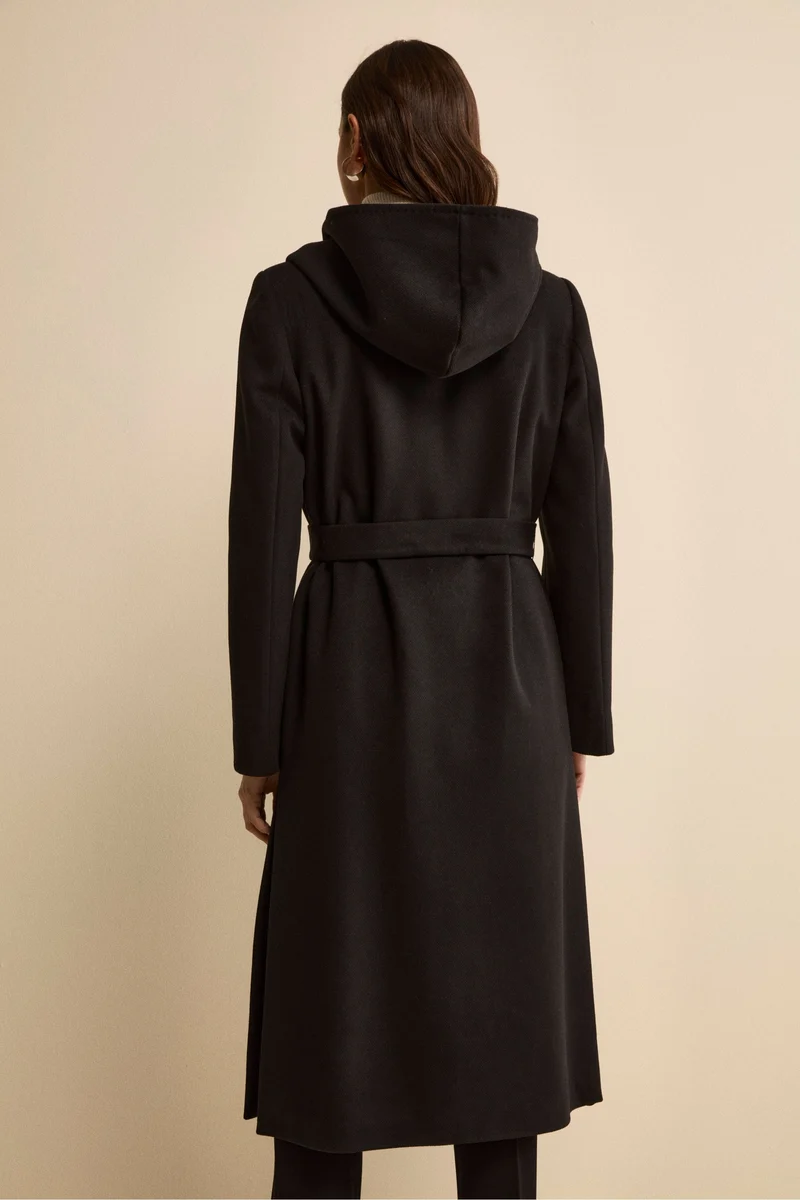 Cappotto Lungo con Cintura e Cappuccio - NERO