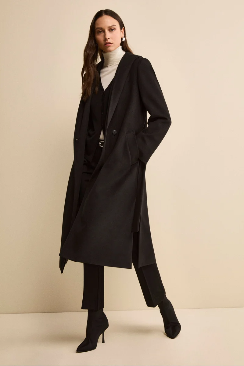 Cappotto Lungo con Cintura e Cappuccio - NERO