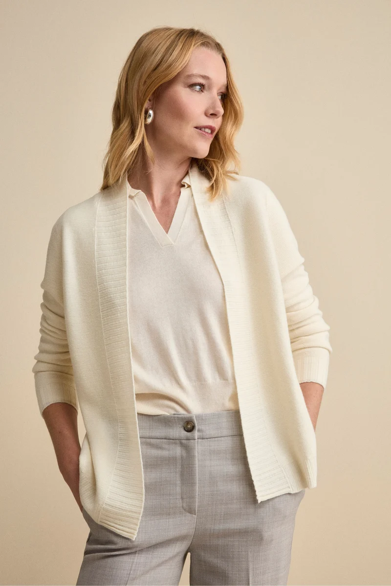 Cardigan Lungo con Collo a Scialle in Lana - PANNA