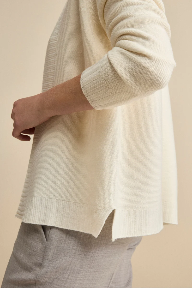 Cardigan Lungo con Collo a Scialle in Lana - PANNA