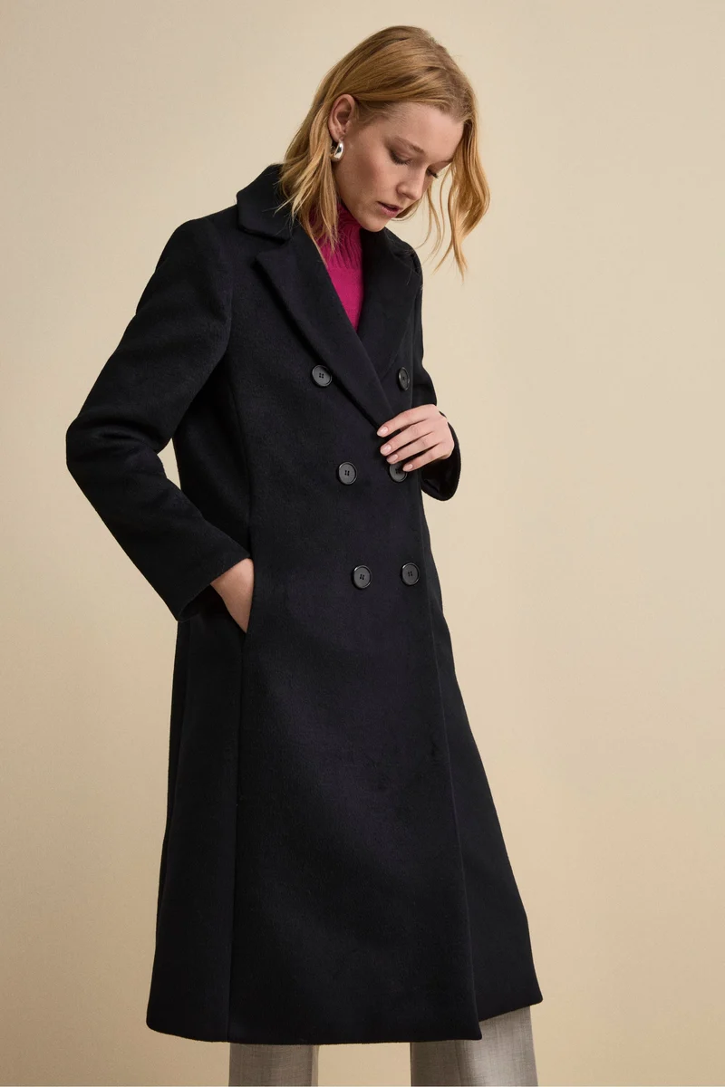Cappotto Doppiopetto Foderato Lungo in Misto Lana - BLU