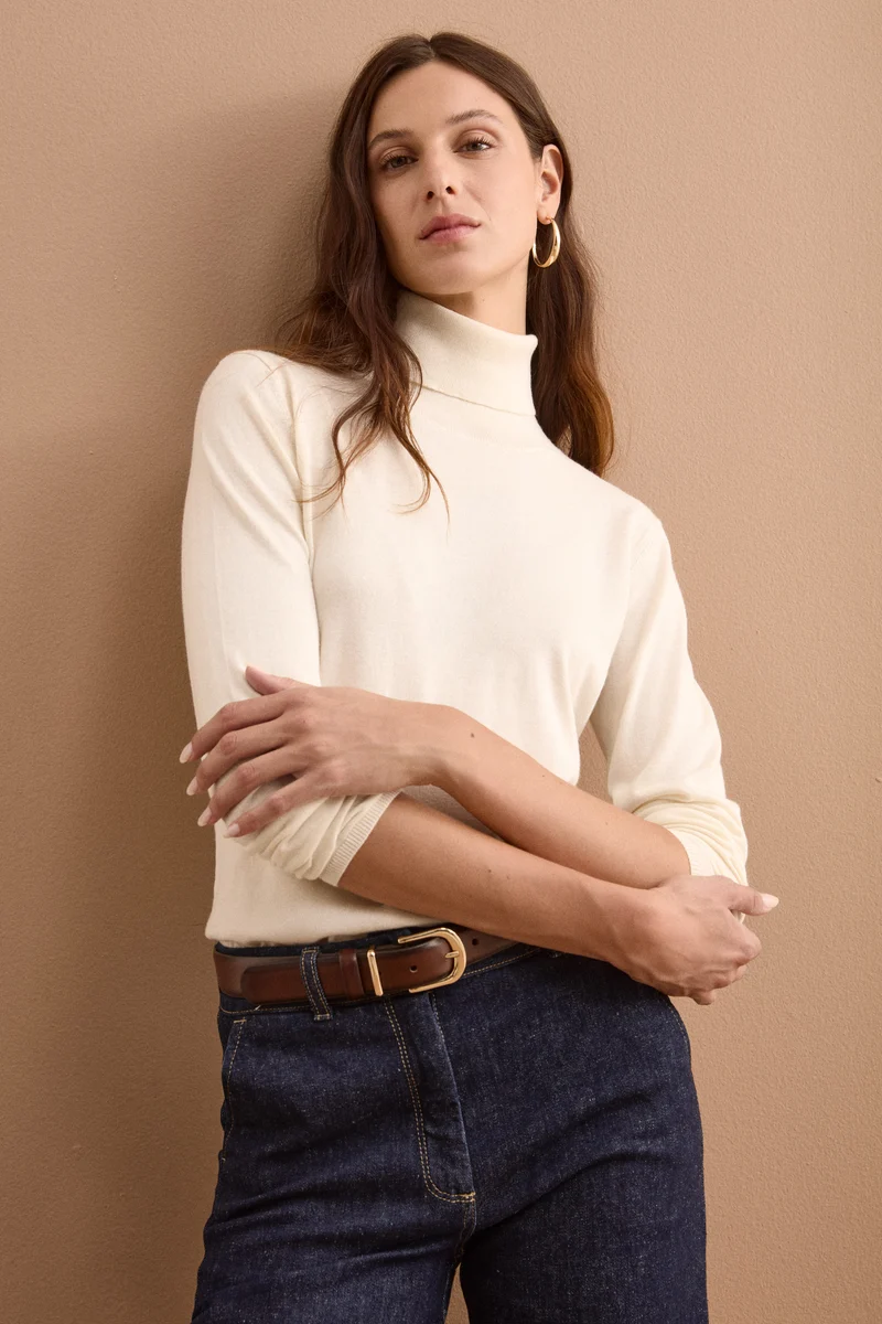 Maglia Dolcevita in Seta e Cashmere Extrafine - PANNA