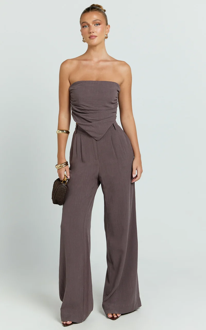Norma Top - Strapless Linen Blend Scarf Tie Top in Mushroom