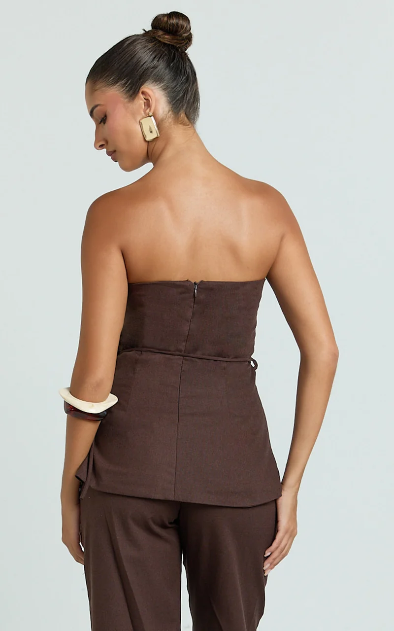 Goldie Top - Strapless Tie Waist Hardware Detail Top in Dark Chocolate