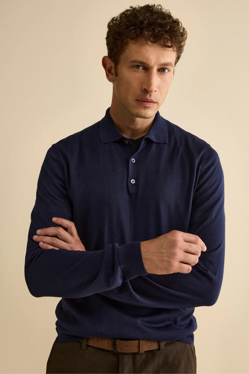 Polo con Bottoni in Seta e Cashmere - BLU NOTTE
