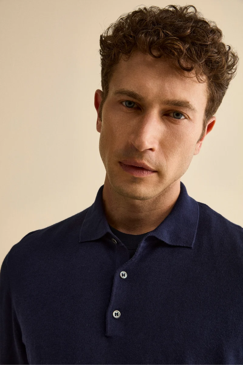 Polo con Bottoni in Seta e Cashmere - BLU NOTTE