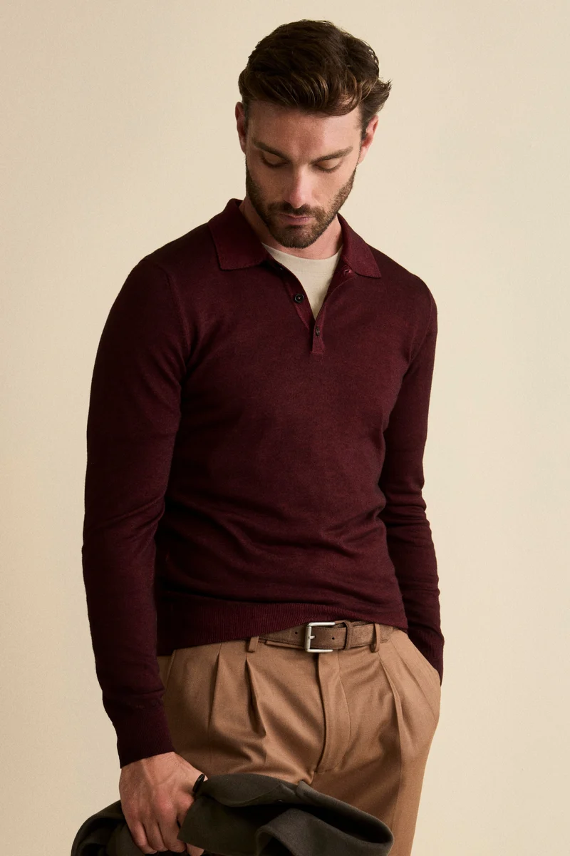 Polo in Maglia con Bottoni in Lana Merino - BORDEAUX