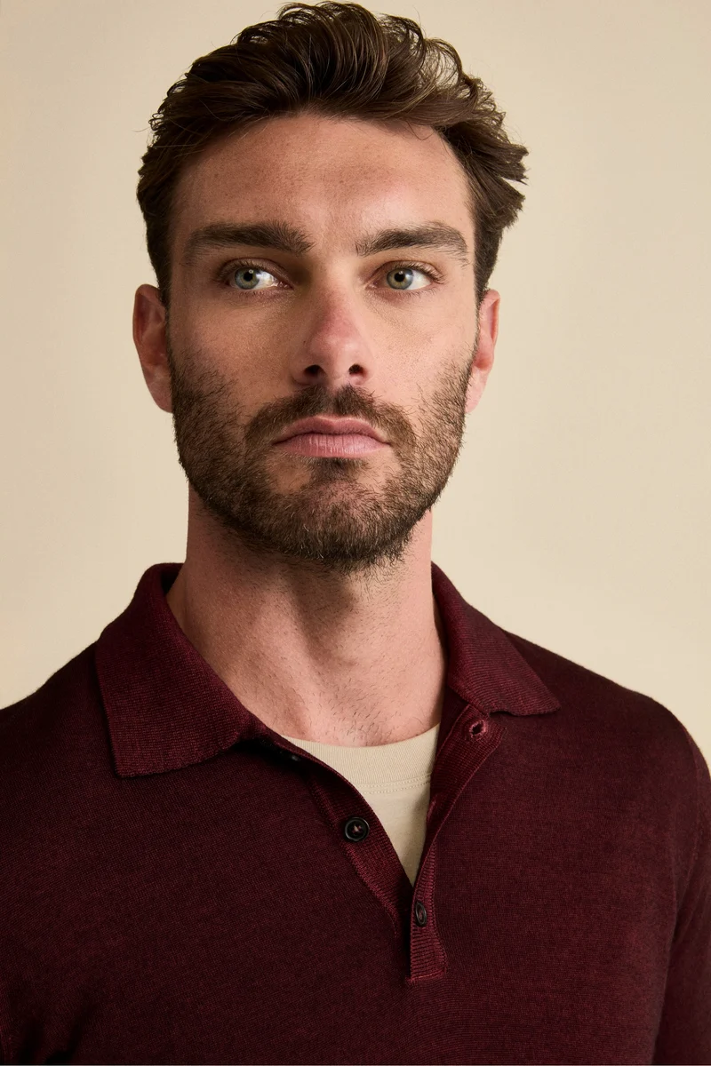 Polo in Maglia con Bottoni in Lana Merino - BORDEAUX