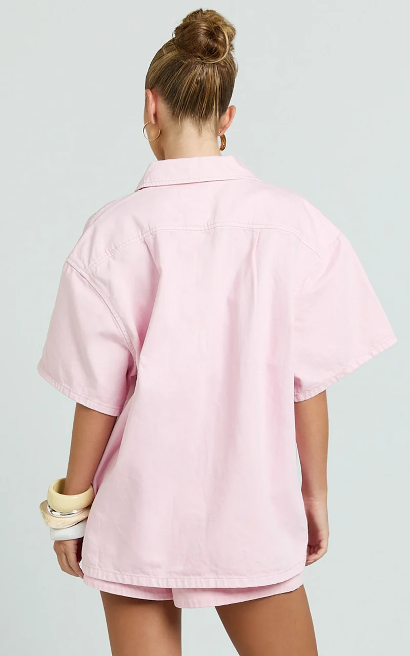 Rhianna Top - Oversized Recycled Denim Short Sleeve Shirt in Pink