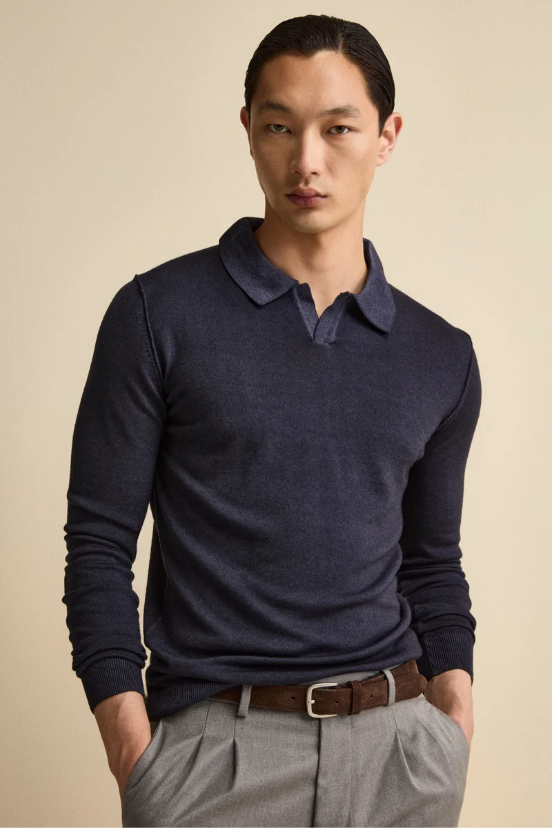 Polo derby in lana merino - BLU MARINE