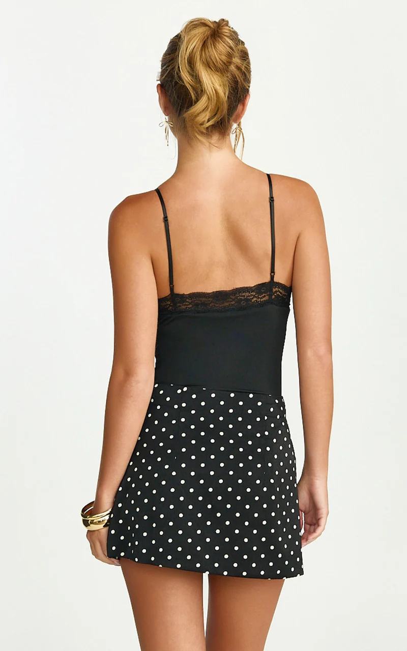 Amelie Bodysuit - Lace Trim V Neck Bodysuit with Shelf Bra in Black