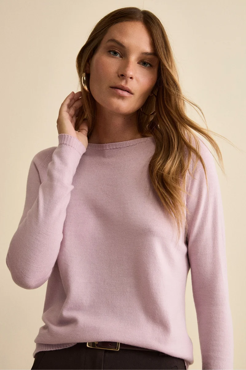 Girocollo in Lana Merino con Bordi a Coste - ROSA
