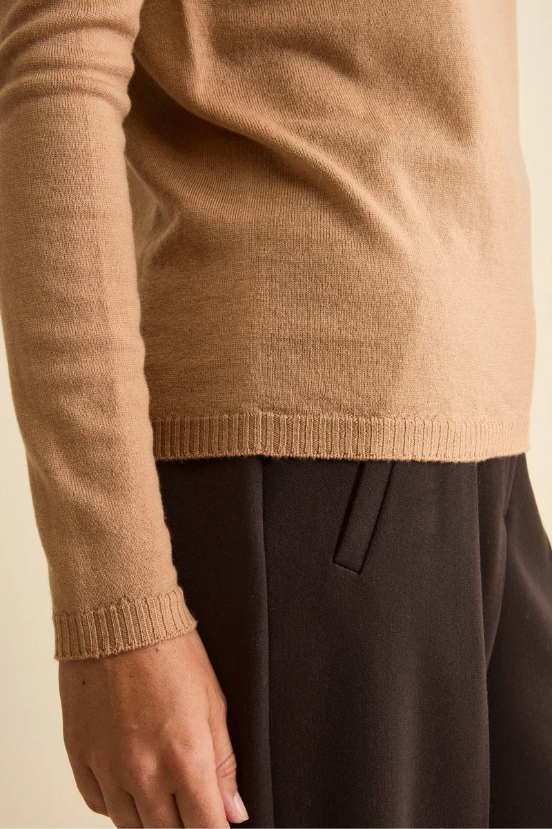 Girocollo in Lana Merino con Bordi a Coste - CAMMELLO