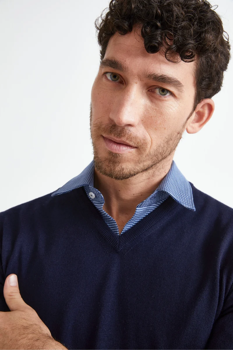 Maglia Scollo a V in Lana Merino - BLU