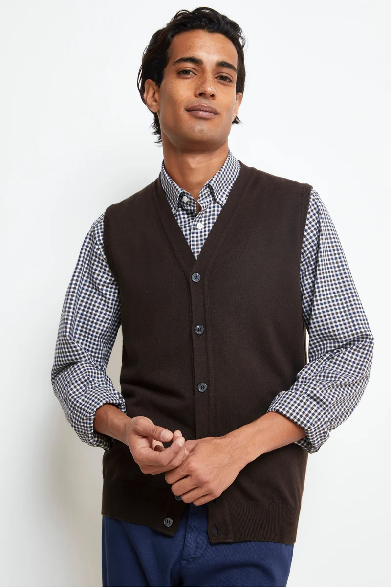 Gilet con Bottoni in Lana merino - CUOIO
