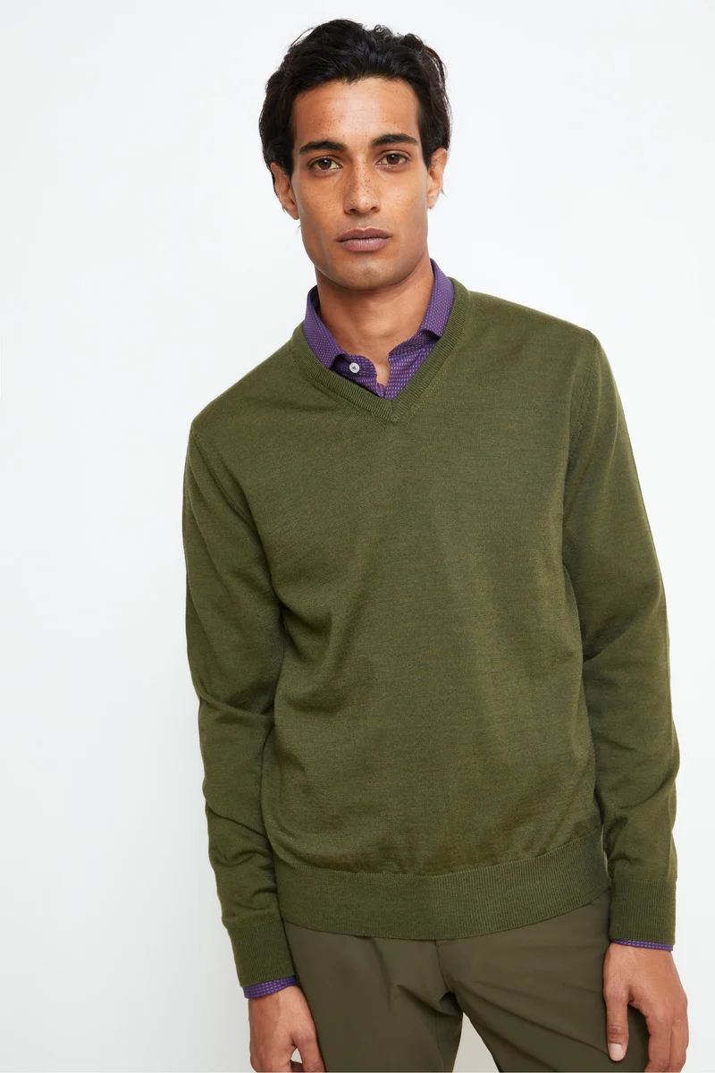 Maglia Scollo a V in Lana Merino - VERDE MILITARE