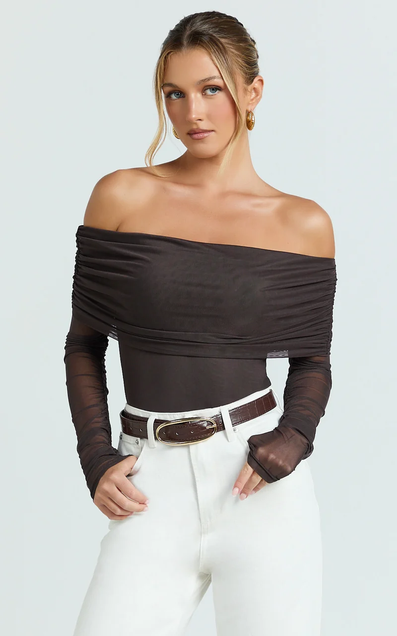Jaythen Bodysuit - Long Sleeve Off Shoulder Ruched Mesh Bodysuit in Chocolate