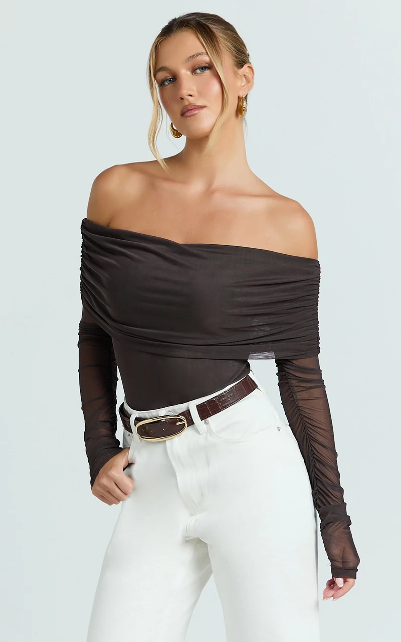 Jaythen Bodysuit - Long Sleeve Off Shoulder Ruched Mesh Bodysuit in Chocolate