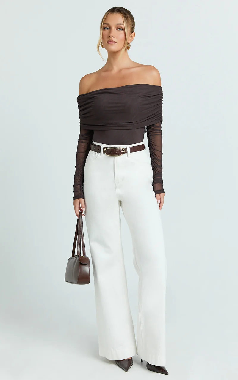 Jaythen Bodysuit - Long Sleeve Off Shoulder Ruched Mesh Bodysuit in Chocolate