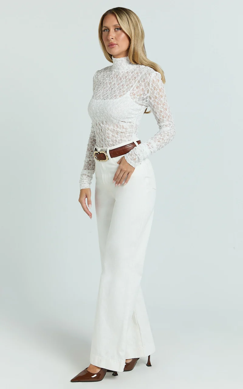 Karlene Top - Stretch Lace Long Sleeve With Bandeau Top in Ivory