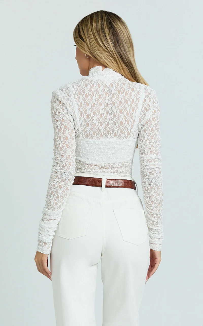 Karlene Top - Stretch Lace Long Sleeve With Bandeau Top in Ivory
