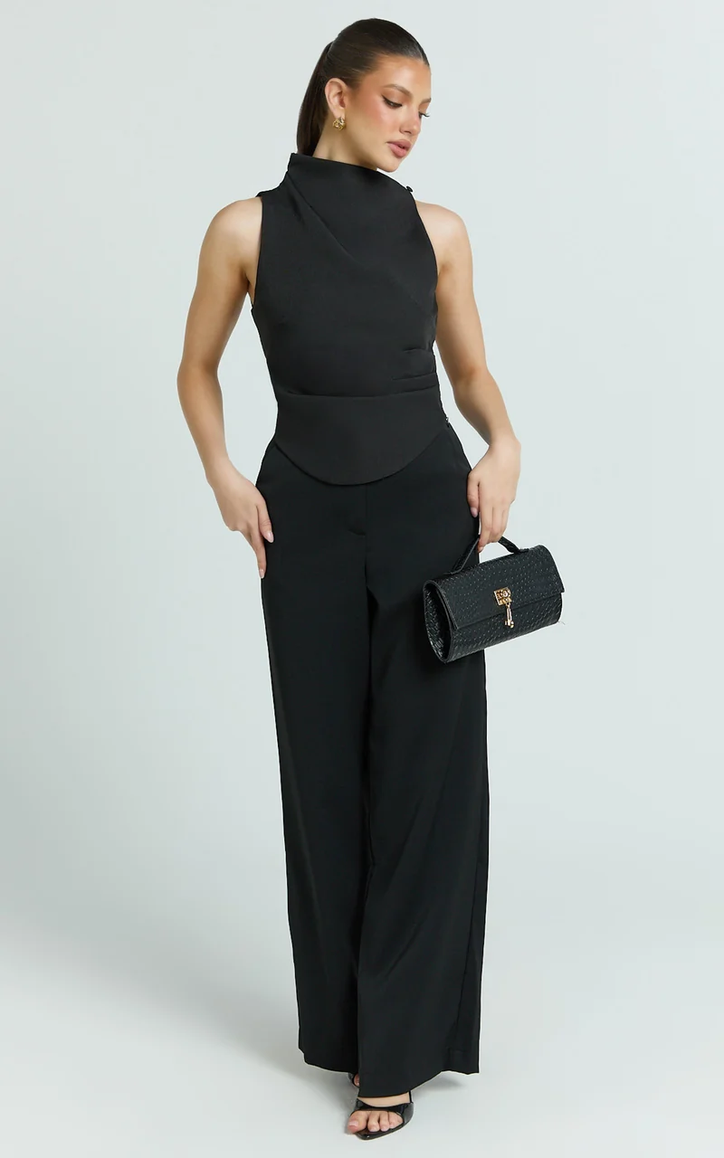 Harlene Top - Draped Tucked Neck Sleeveless Top in Black