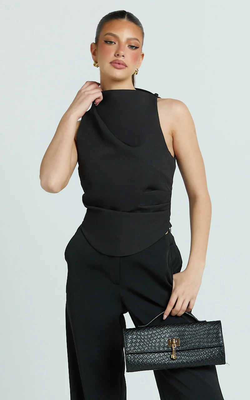 Harlene Top - Draped Tucked Neck Sleeveless Top in Black