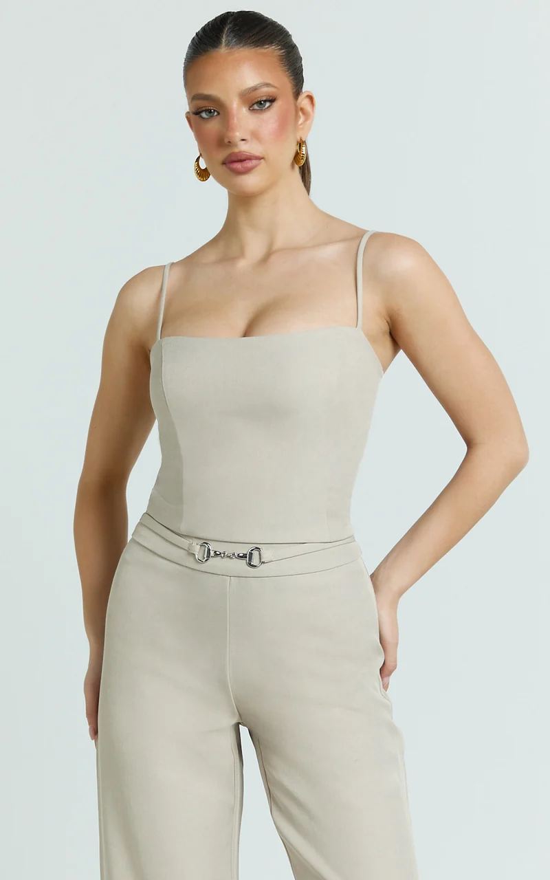 Charlize Top - Spaghetti Strap Scoop Neck Top in Stone
