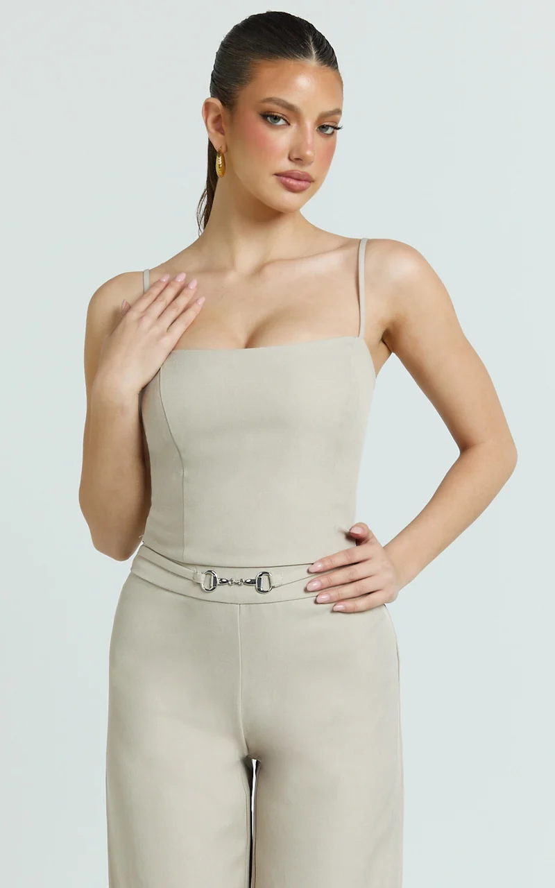 Charlize Top - Spaghetti Strap Scoop Neck Top in Stone