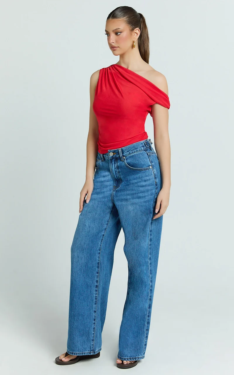 Amaya Top - Off Shoulder Twist Asymmetrical Sleeve Top in Red