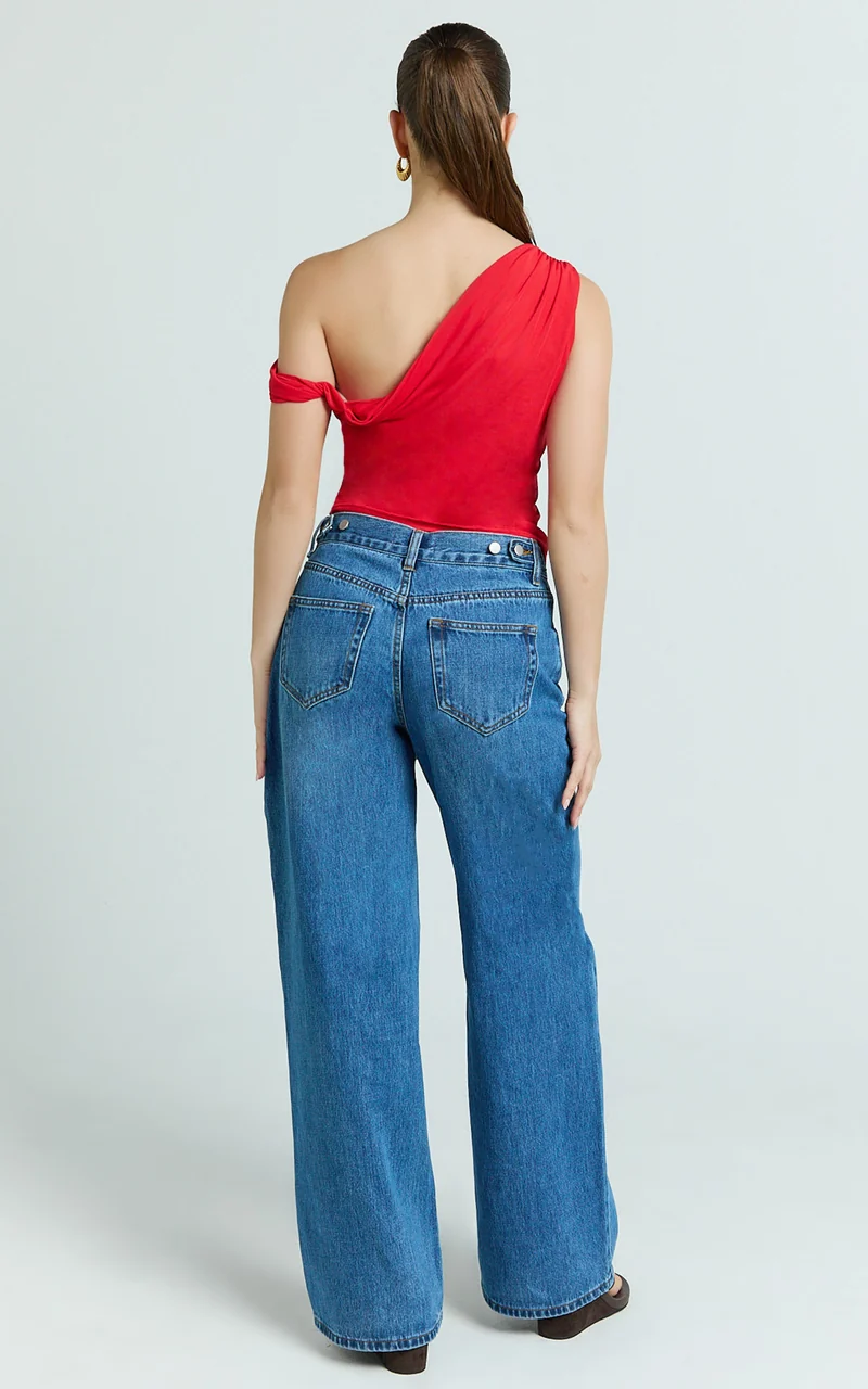 Amaya Top - Off Shoulder Twist Asymmetrical Sleeve Top in Red