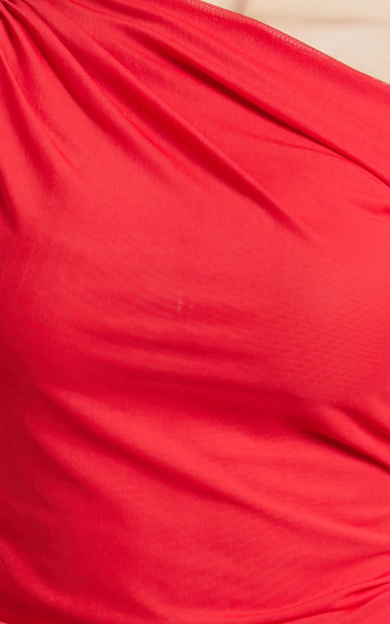 Amaya Top - Off Shoulder Twist Asymmetrical Sleeve Top in Red