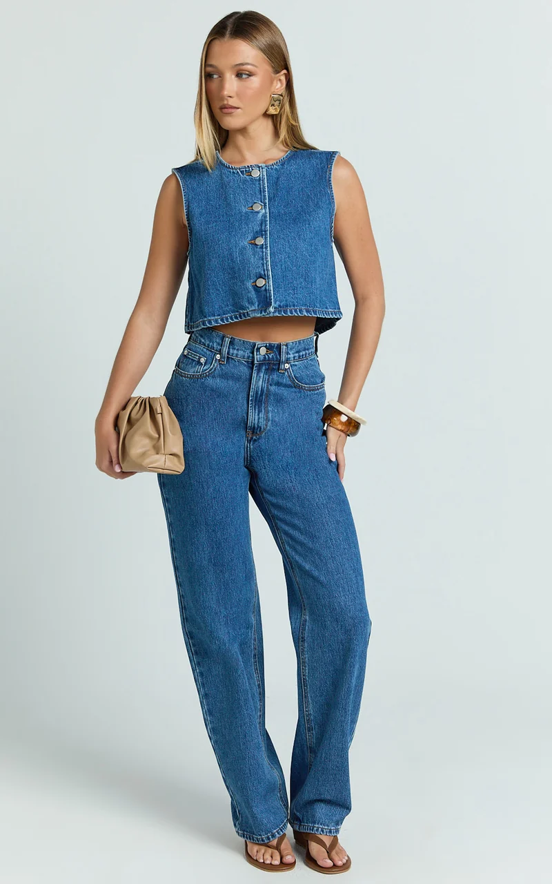 Nathan Top - Button Down Denim Shell Top in Dark Blue