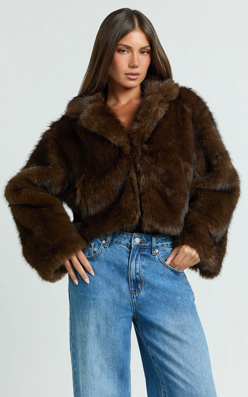 Charisse Coat - Oversized Crop Faux Fur Coat in Coffee