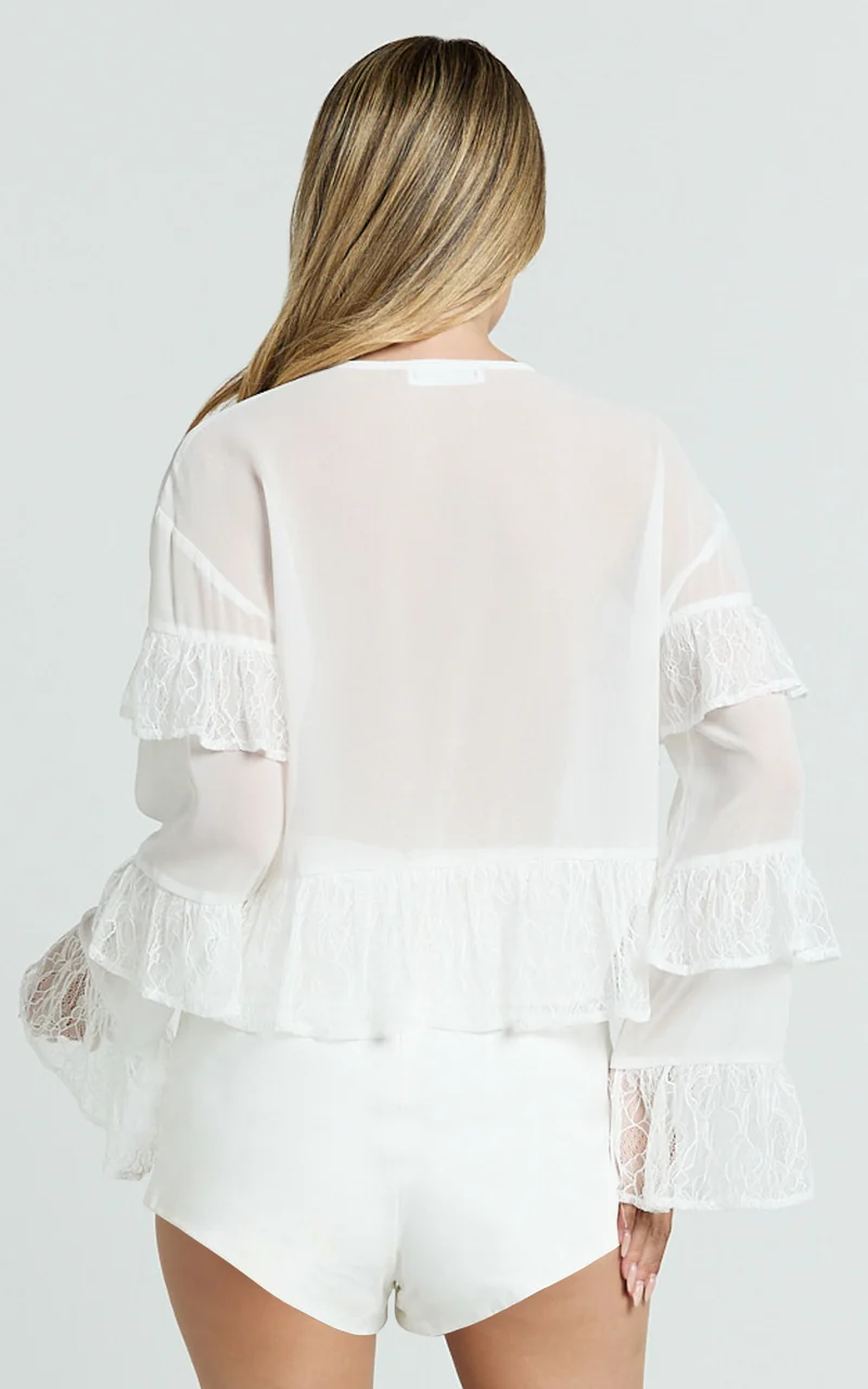 Safiya Top - Tie Front Ruffle Sleeve Blouse Top in White
