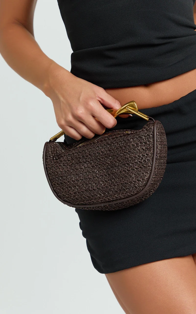 Alena Straw Gold Handle Bag in Coffee