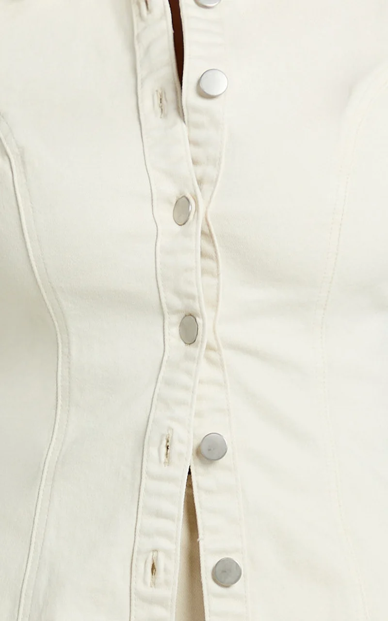 Paige Top - Button Down Short Sleeve Denim Top in Ecru