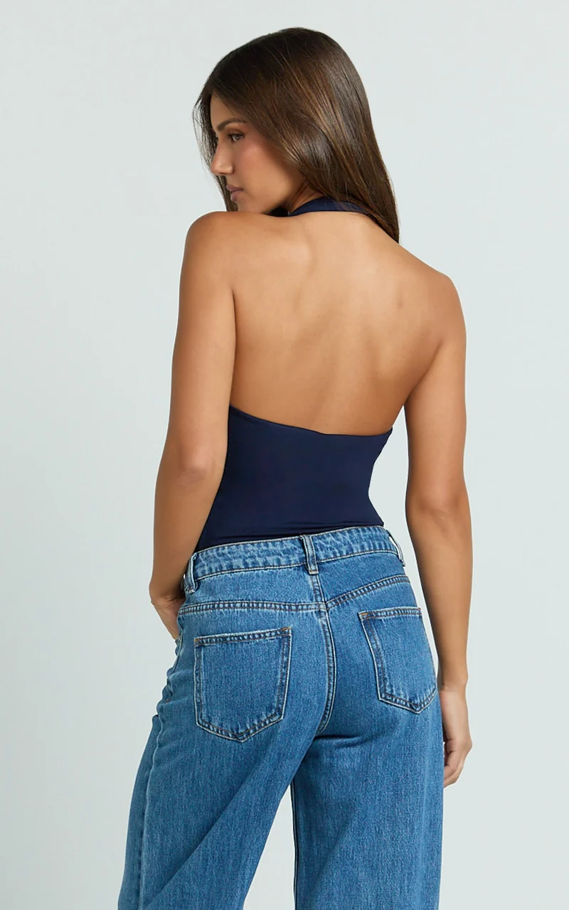 Suzanna Bodysuit - V Neck Halter Bodysuit in Navy