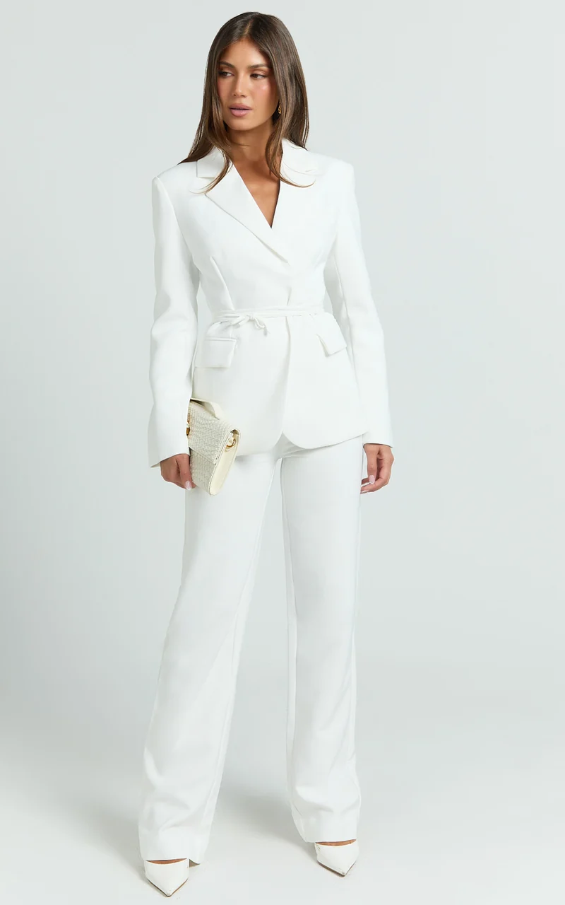 Harlee Blazer- Belted Cinch Waist Blazer in White